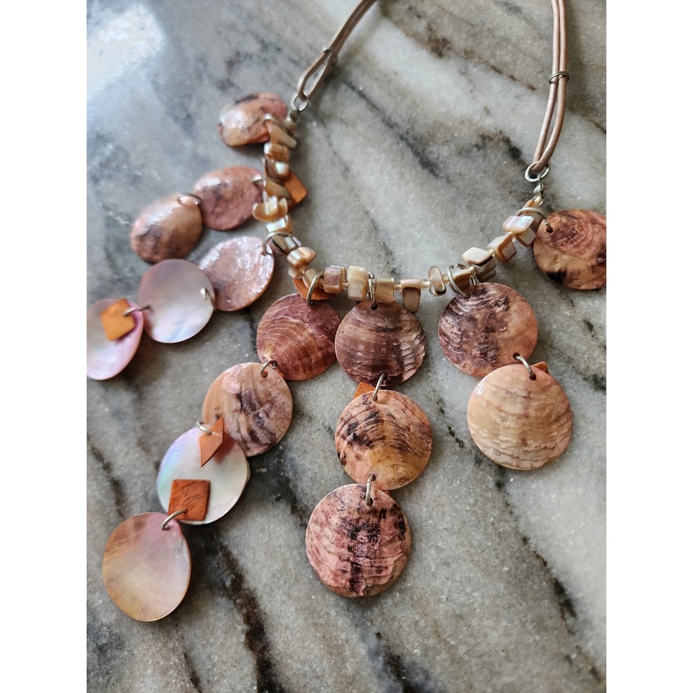 Boho Pink Shell Statement Necklace Mother of Pearl Disc Beach Coastal Jewelry